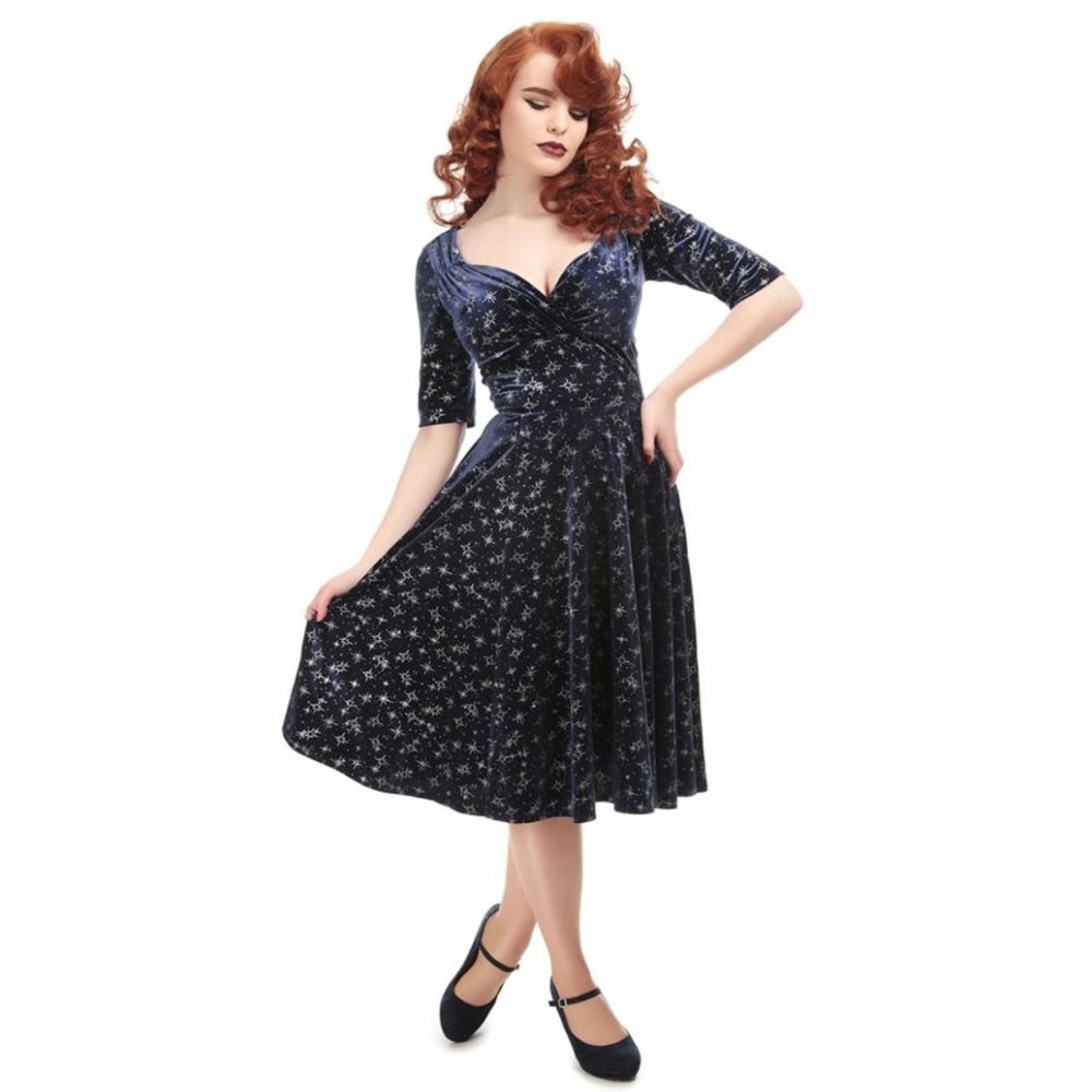 Collectif Trixie Doll Dress in Navy Sparkle Velvet